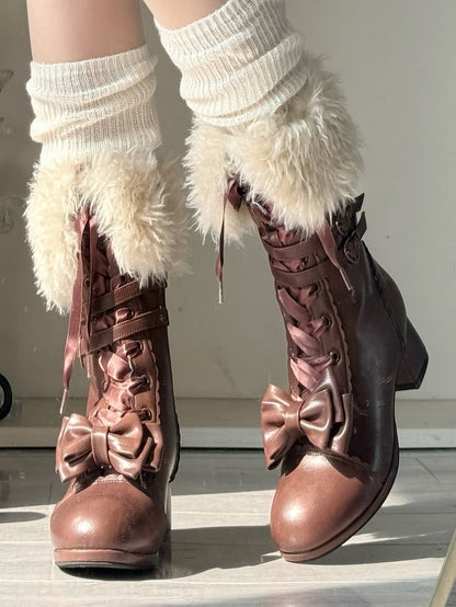 Bow Accents Boots - Mid-Calf Elegant Lolita Brown