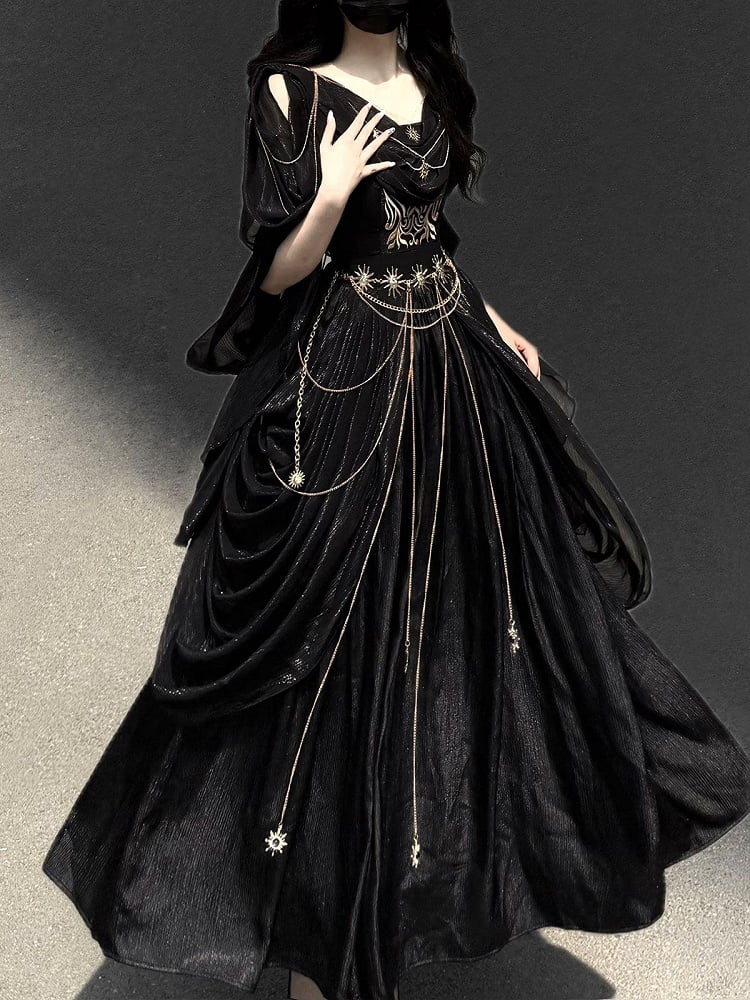 Embroidery Flowing and Sleeves Dress Black Golden Lolita Greek-inspired Chain Accents with