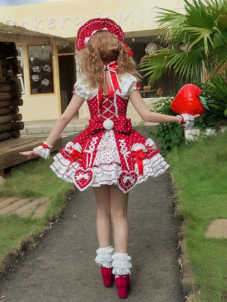 and Puff Dress Dot Sleeves School Polka Lolita Neck with Old Red Accents Halter Bow