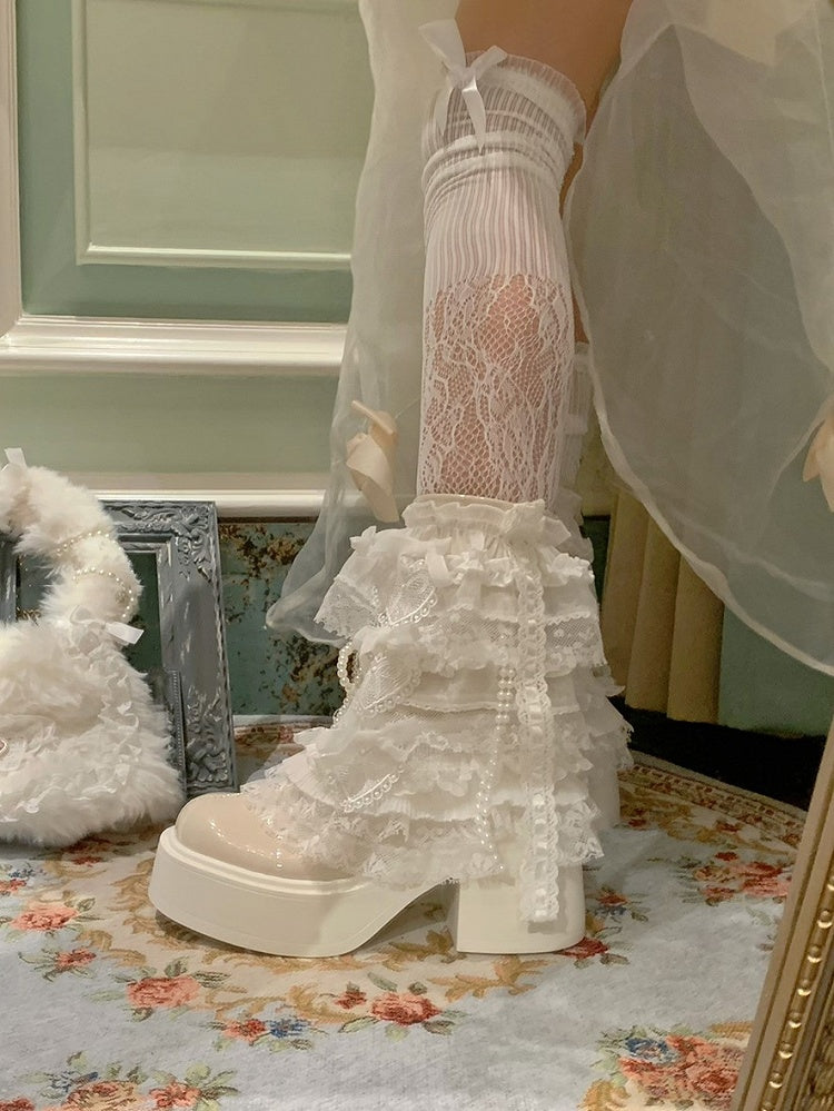 Lace Lolita Platform Elegant Boots Off-white Trim with