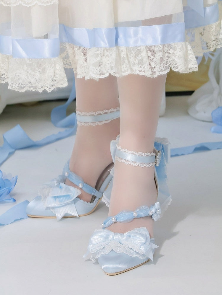 Satin Blue Flower & Bead 8cm Heels Lolita Shoes - Wind Bell Island