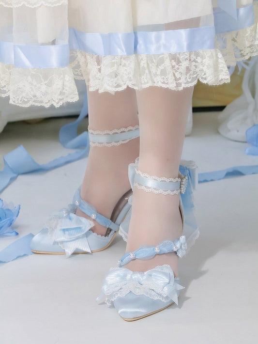 Satin Blue Flower & Bead 8cm Heels Lolita Shoes - Wind Bell Island