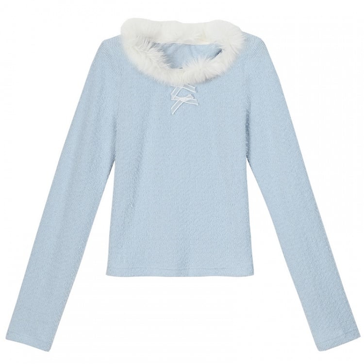 Blaues, langärmliges Oberteil mit Plüschbesatz am Ausschnitt und Schleifendetails