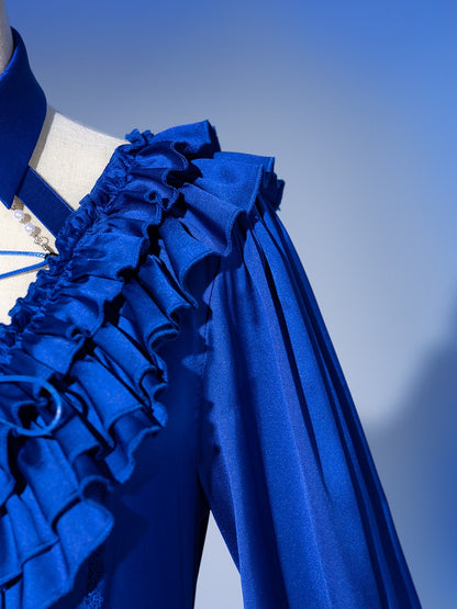 Deep Sea Blue Layered Ruffles V-neck Long Sleeves Shirt with Detachable Bead Chain Cutout Back - DevilInspired Exclusive Collection