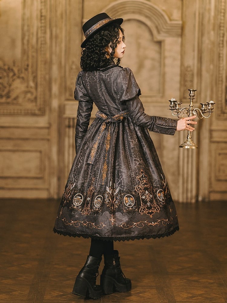 Lolita with Bat Juliette Wings Candelabras Sleeves Print Gray Dress Gothic