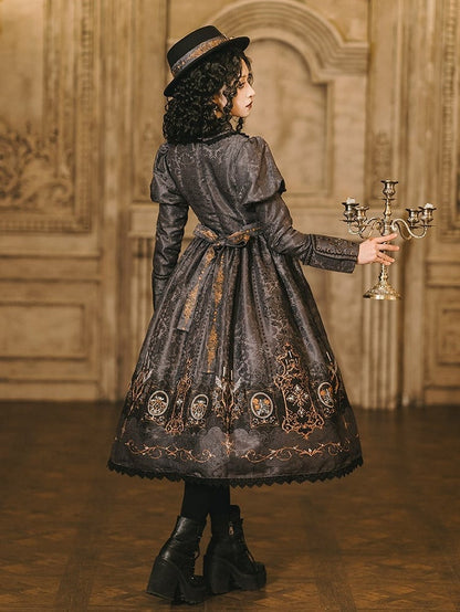 Lolita with Bat Juliette Wings Candelabras Sleeves Print Gray Dress Gothic
