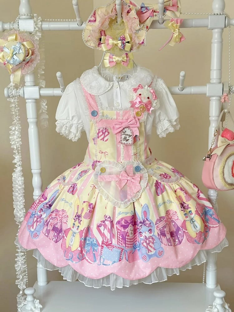 Dress Gift Sweet Yellow Box Print Overall Bunny and Lolita