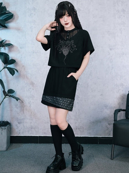 Dark Lace Patch Top with Sea Lily Stitching - Quirky Hut
