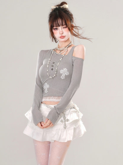 Grey Asymmetrical Neckline Top with Lace Cross Appliques Tank Top Set