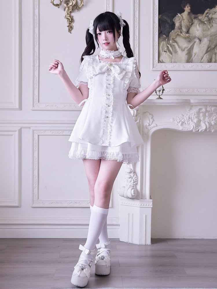 Shoulder Kei with Outfit Jirai Cutout Dress Side +Skirt Lace-up White Mini -