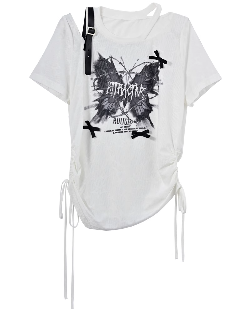 Butterfly Y2K White Semi-sheer PU Print Buckle T-shirt Waist Drawstring Strap Glamorous