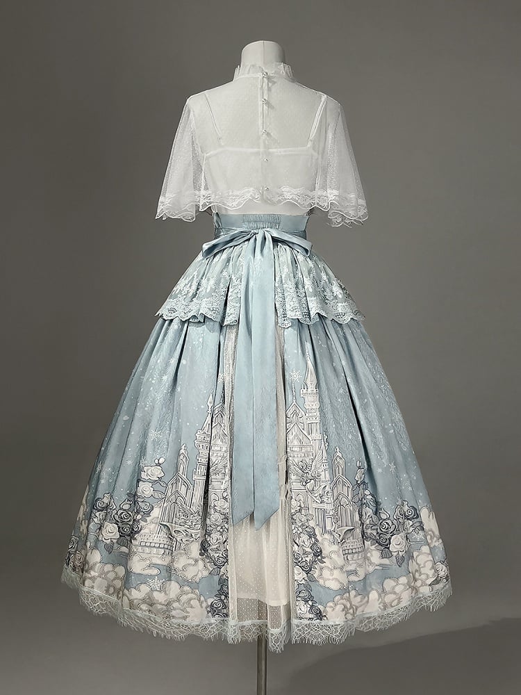 Weißer Rock mit hoher Cape-Taille, Top, Camisole + Tüll-Print, Castle Blue