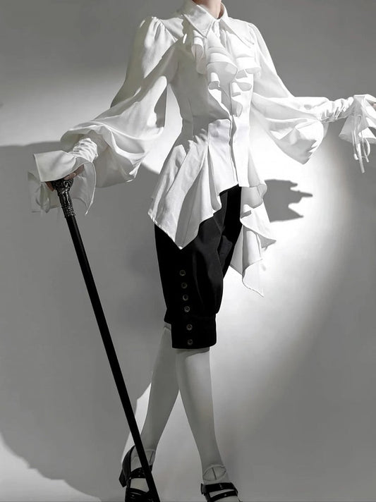Pointed Foldover Collar Gothic Shirt Long Jabot Ouji Lolita White Sleeves