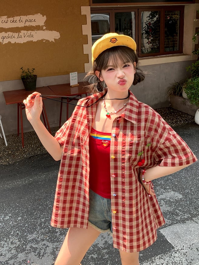 チェックシャツセット レッドフェイクツーピースキャミソールトップ（レッド）