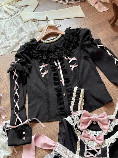 Black Long-Sleeve Sweet Blouse with Pink Heart Buttons - Mademoiselle Pearl