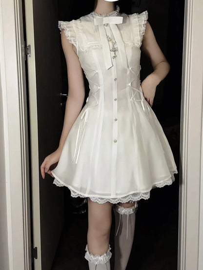 Flutter White Dress:Pure SleevesWaist Balletcore Lace-Up Version Short Stylewith