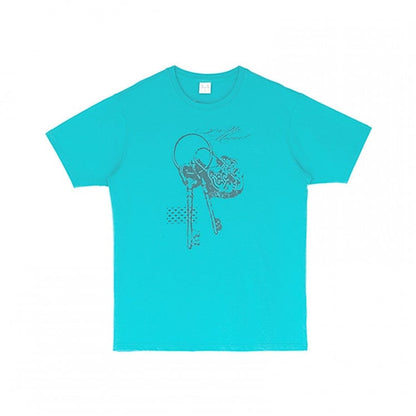 Casual Kawaii Cyan Round Neck Short Sleeve Tee with Key Print