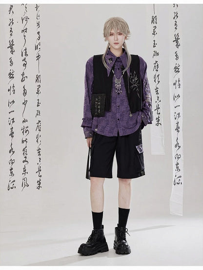 Style Chinese Side Embroidery with Shorts Pockets Black