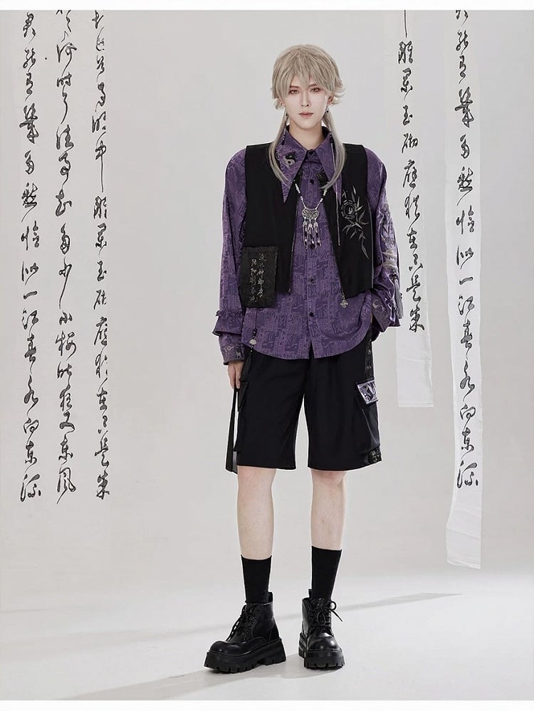 Sleeves Style Unisex with Shirt Flounce and Embroidery Chinese Purple