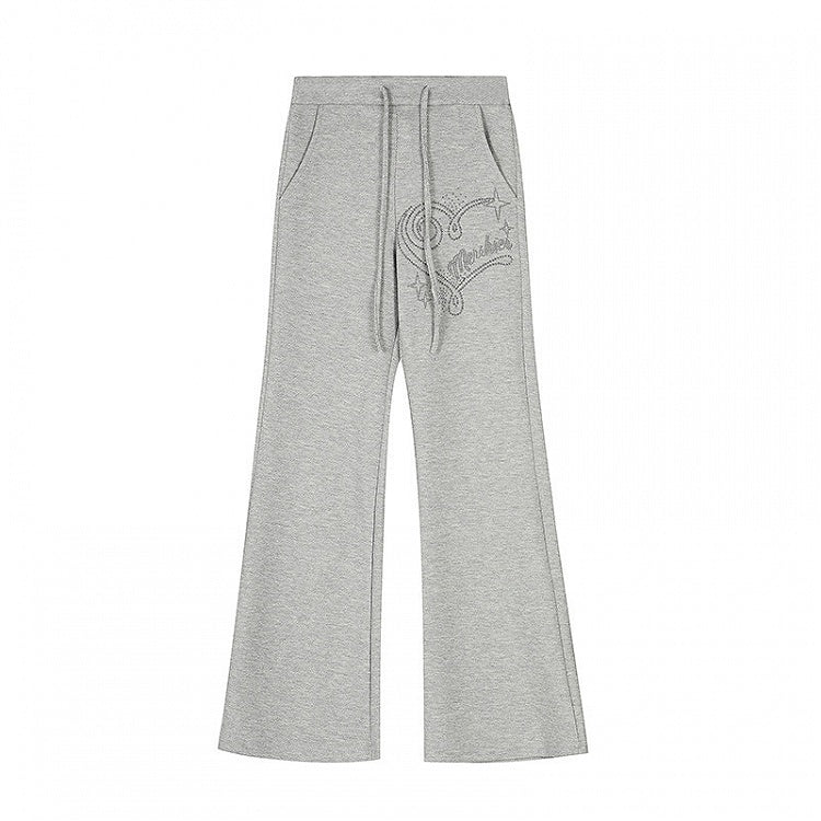 Waist Flared Rhinestone Gray Drawstring Pants with Heart Design