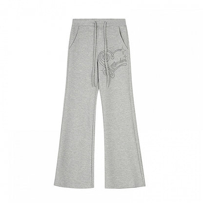 Waist Flared Rhinestone Gray Drawstring Pants with Heart Design