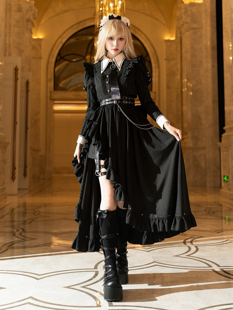 Ruffled High-Slit Black Apron Dress for Dark Maid Ouji - DevilInspired Exclusive Collection