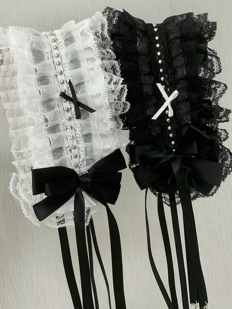 Details Decorated Hairband Ruffled Black/White Bowknot Studs