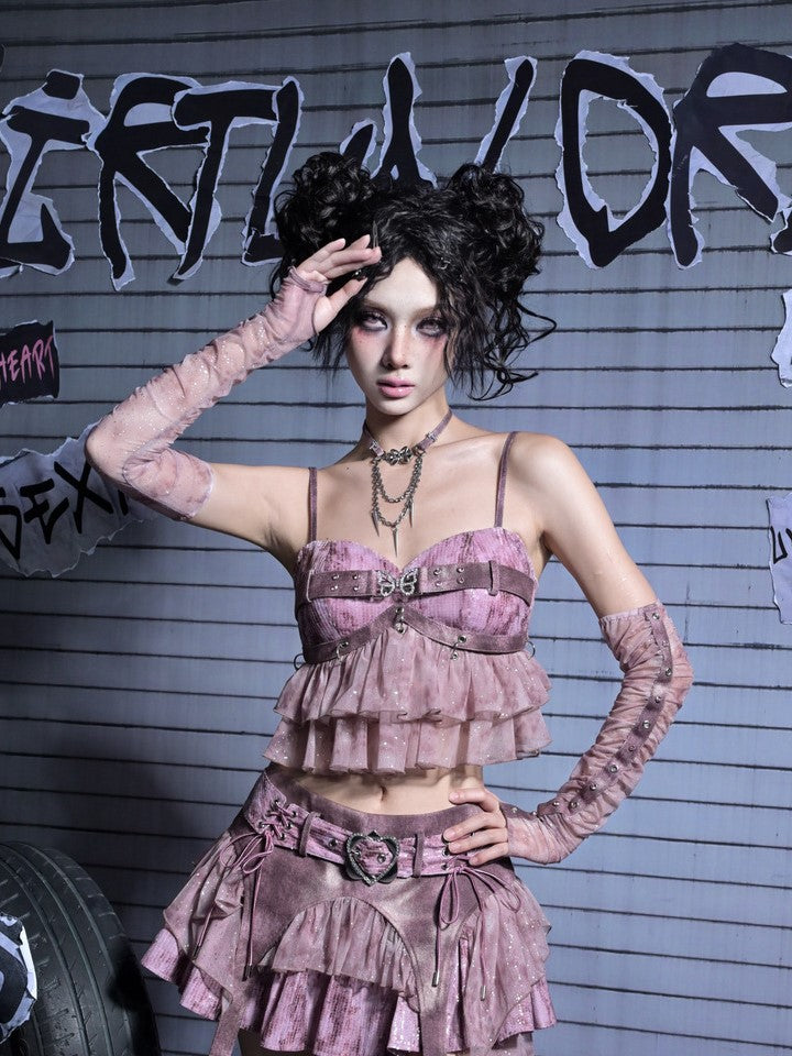 Peplum Y2K Cami Detachable with Sequin Butterfly Crop Punk Pink Rhinestone Pastel