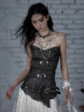 with Heart-Shaped Buckle Design Brown PU Bustier Top