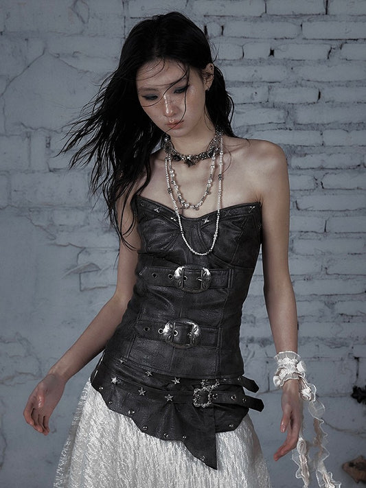 with Heart-Shaped Buckle Design Brown PU Bustier Top