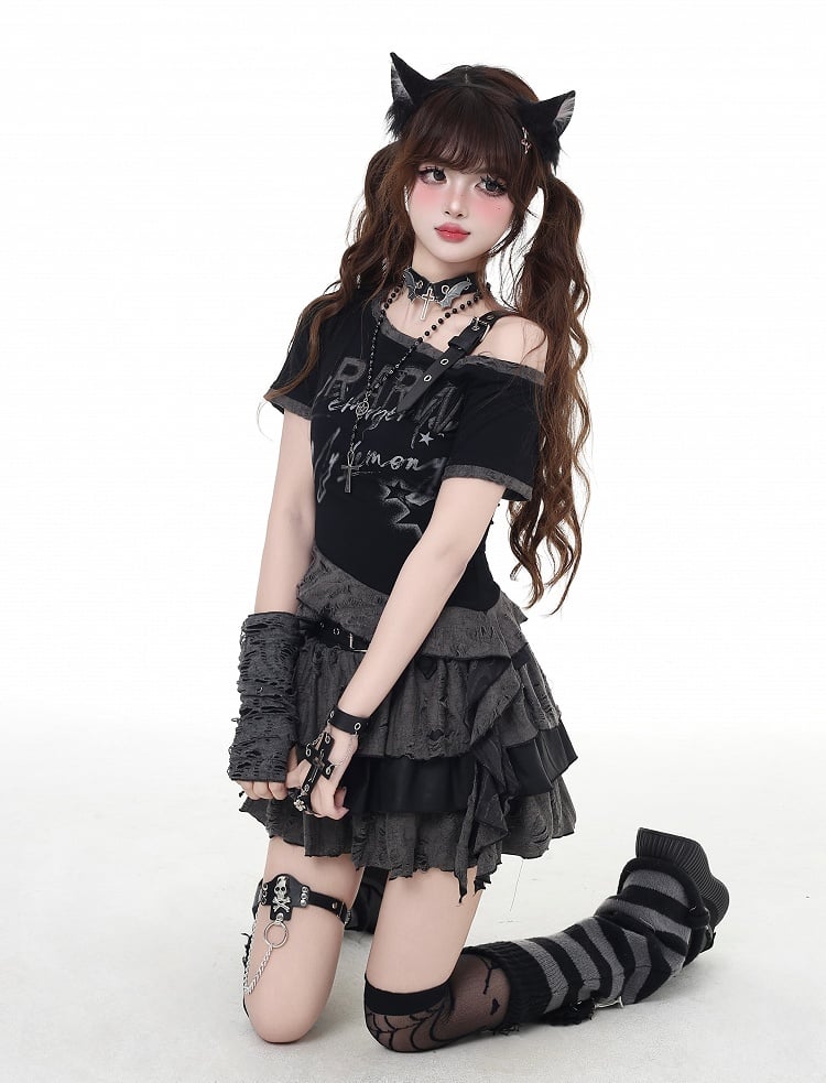 Tiered Skirt Gray Distressed Holes Lined