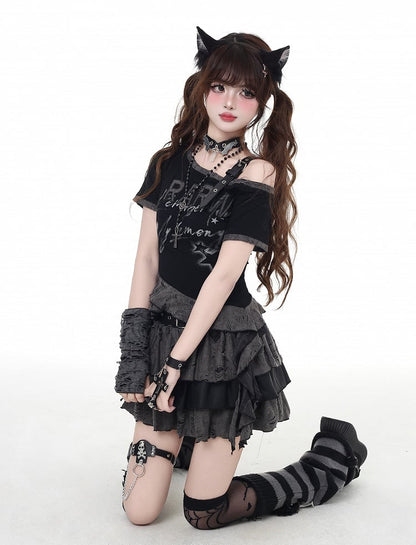 Tiered Skirt Gray Distressed Holes Lined