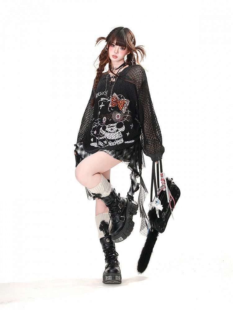 スカート裾は非対称メッシュパッチワークデザイン、ブラックのチェック柄、フリル付き水玉模様