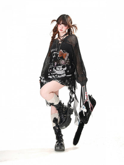 スカート裾は非対称メッシュパッチワークデザイン、ブラックのチェック柄、フリル付き水玉模様