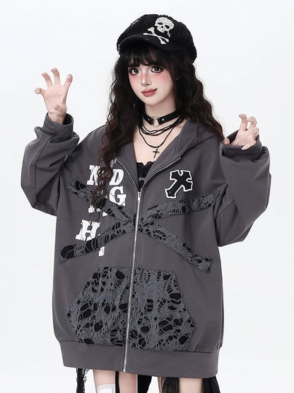 Kitten-Themed Hoodie Patches Jacket Bittersweet - Cross