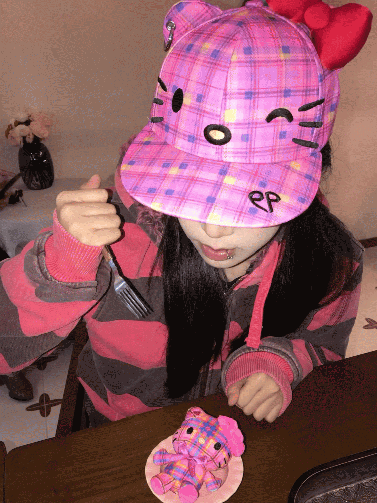 Pink Plaid Kitty Adjustable Baseball Cap with Detachable Bow