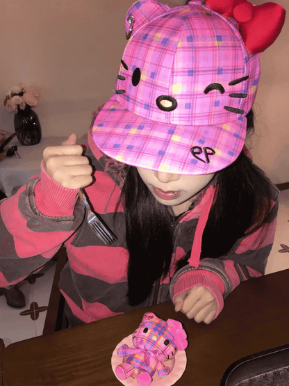 Pink Plaid Kitty Adjustable Baseball Cap with Detachable Bow