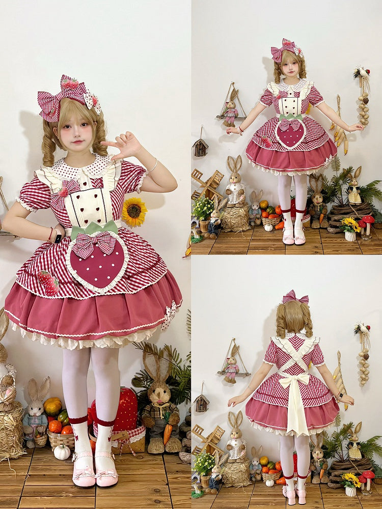 Kleid mit kariertem Lolita-Kragen, Peter-Muster, Erdbeer-Pfanne, süße rosa Schürze