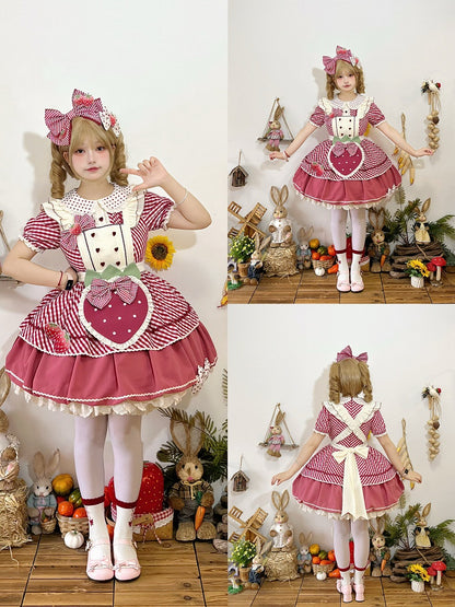Kleid mit kariertem Lolita-Kragen, Peter-Muster, Erdbeer-Pfanne, süße rosa Schürze