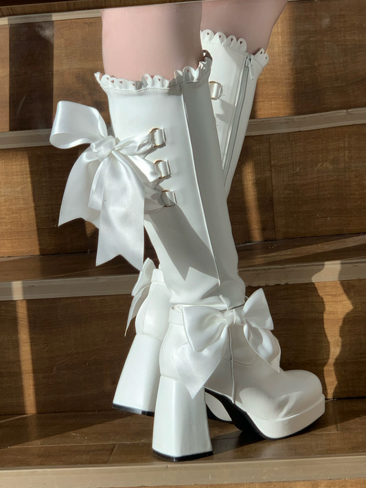 Boots Knee-high Lolita Elegant Heel Trim White 9cm PU with Scalloped