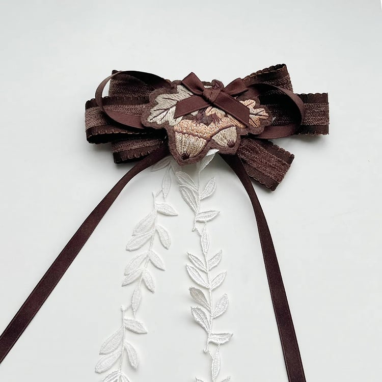 Embroidered Lolita Brooch in Wine Red or Brown Tones - With PUJI