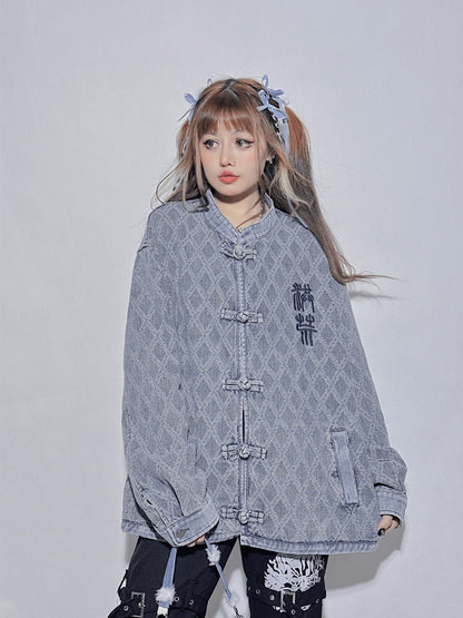 デニムブルー ラウンドネック レター ルーズジャケット