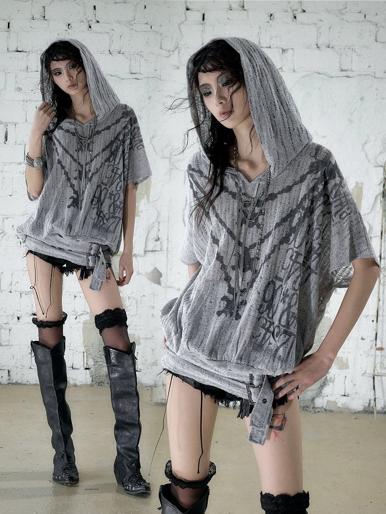 Dusty Blue Distressed Hooded Batwing Knit Top - NO ROMANCE