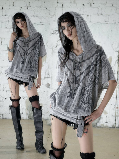 Dusty Blue Distressed Hooded Batwing Knit Top - NO ROMANCE