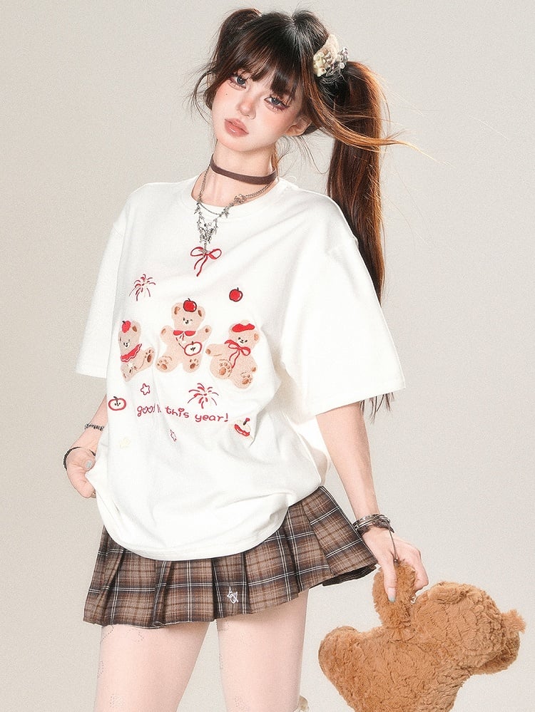 ホワイト/ブラックのかわいいデイリーアップリケベア刺繍Tシャツレター花火