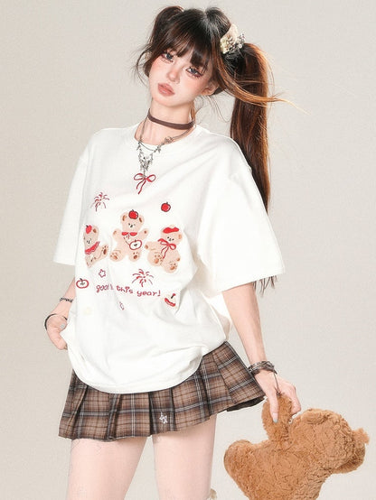 ホワイト/ブラックのかわいいデイリーアップリケベア刺繍Tシャツレター花火