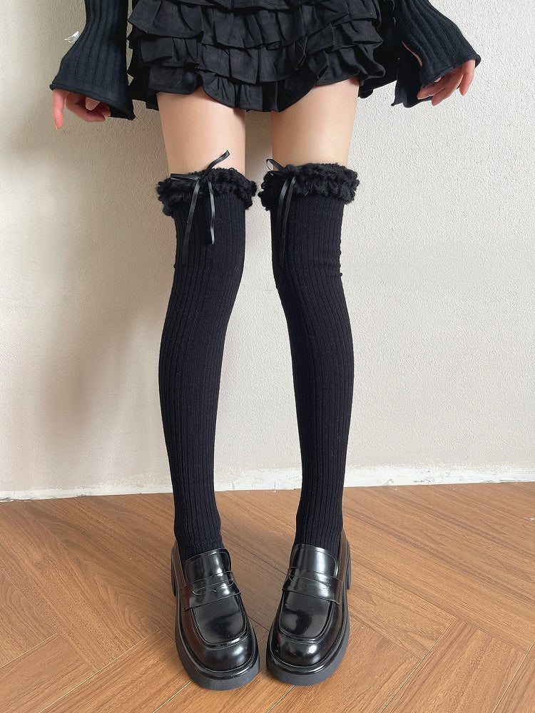 Plush Trim with Stockings Decorations Vertical Double-Layer Bow White/Black Striped Creamy Curly Pattern