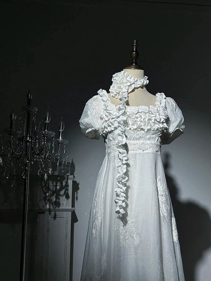 Quadratische verzierte Taille Rosen Elegant Empire Stück Ausschnitt weißes Kleid One Lolita