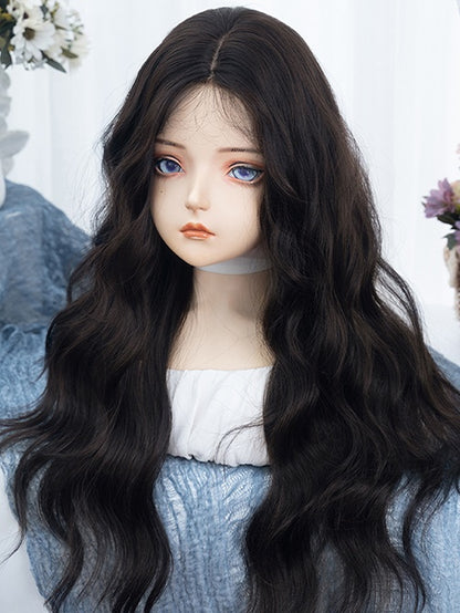 Schwarzer Tee, lange, gewellte Kunsthaarperücke mit Pony