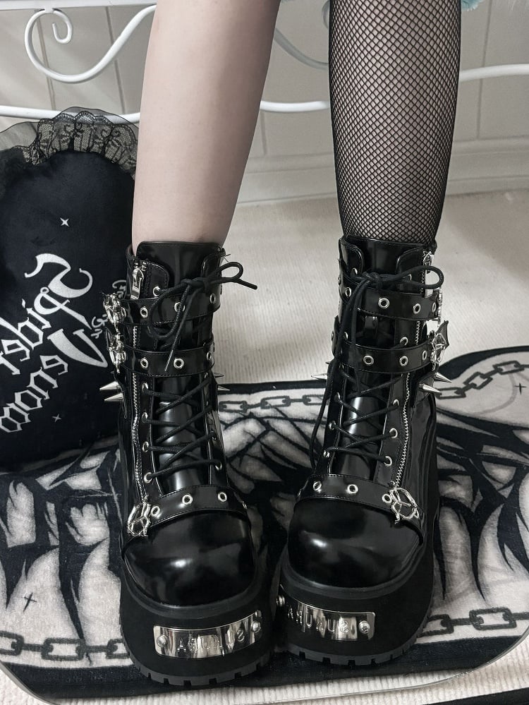 Polished Black/Matte Black Punk Stud Buckle Strap Gothic Platform Boots